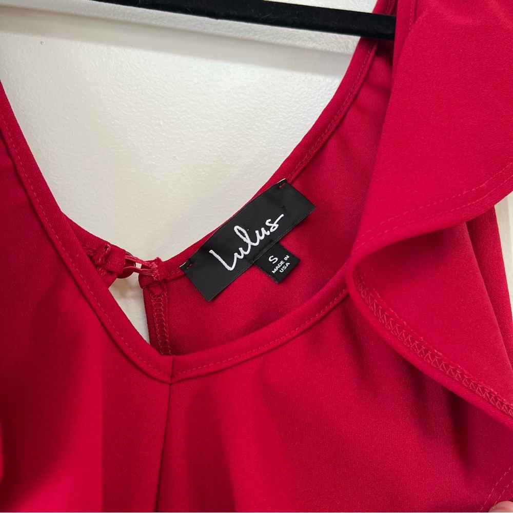 Lulu’s Red Ruffle V Neck Bodysuit Tank - Picture 2 of 5